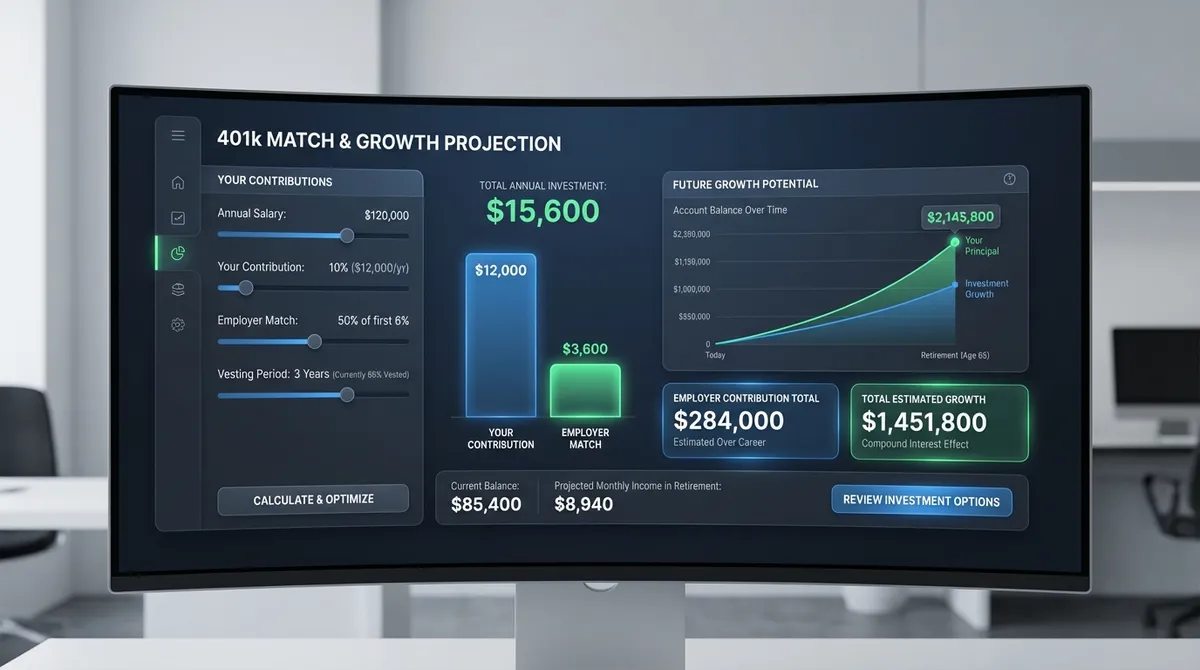 Visualize your 401k employer match with our calculator. See how much free money you get and optimize contributions for maximum retirement savings.
