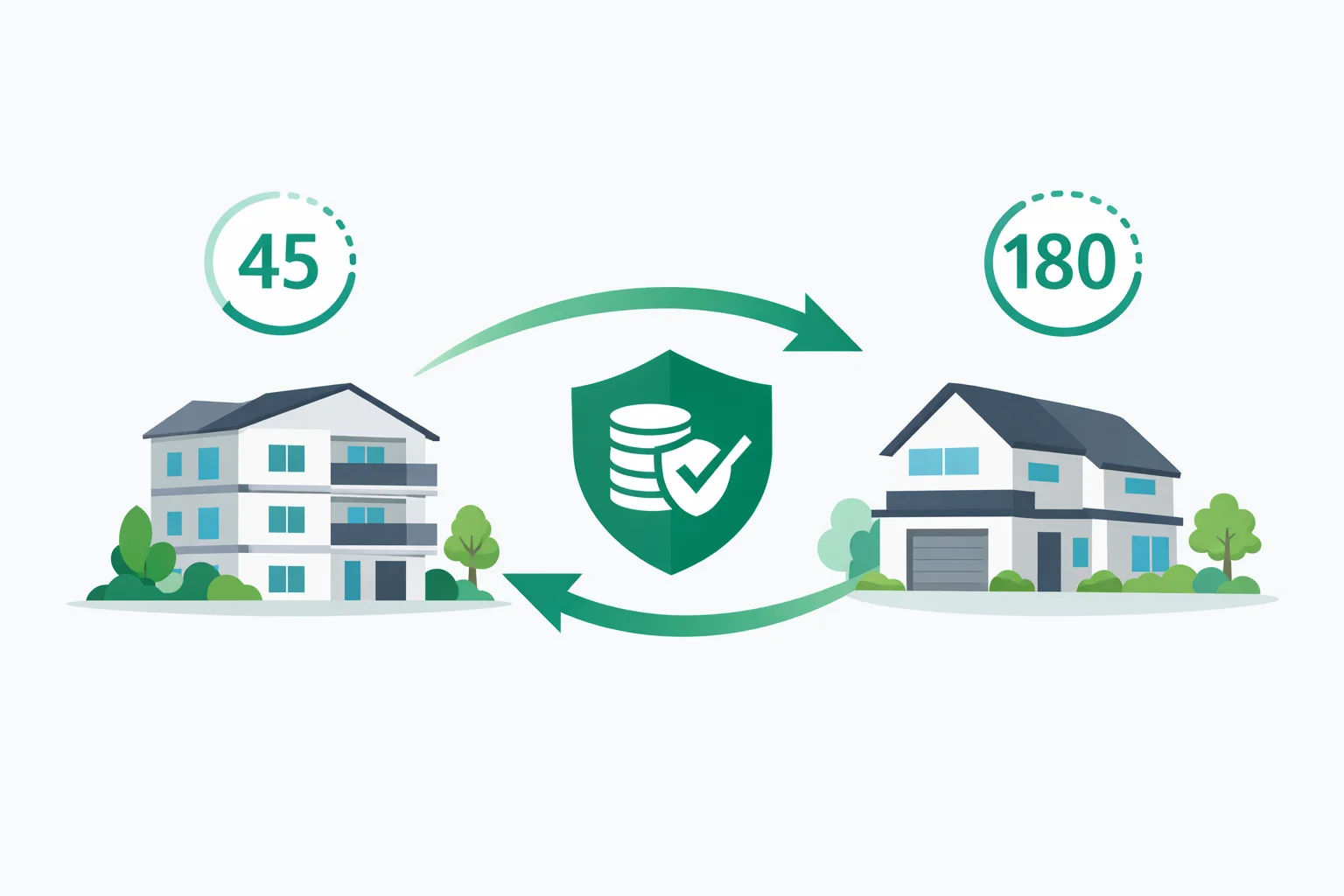 1031 exchange illustration showing a rental property being exchanged for a larger investment property with tax deferral arrows and IRS timeline markers