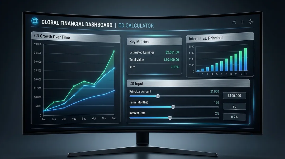 Illustration from the CD calculator showing deposit amount, term, APY, and maturity value with total interest and an interest vs. principal breakdown.