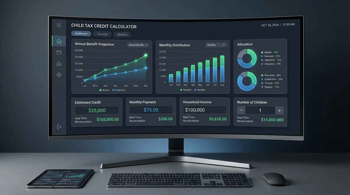 Interactive Child Tax Credit calculator showing inputs for dependents, income limits, and estimated refundable ACTC.