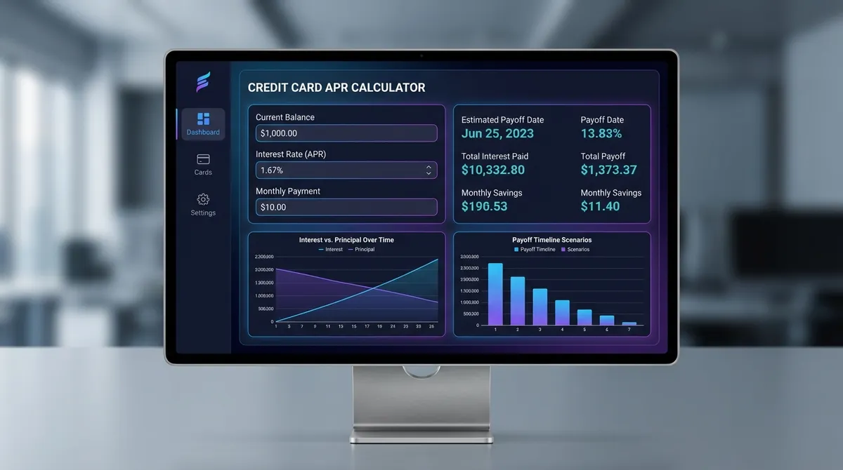 Interactive Credit Card APR Calculator showing interest inputs, effective APR results, and cost visualization chart.