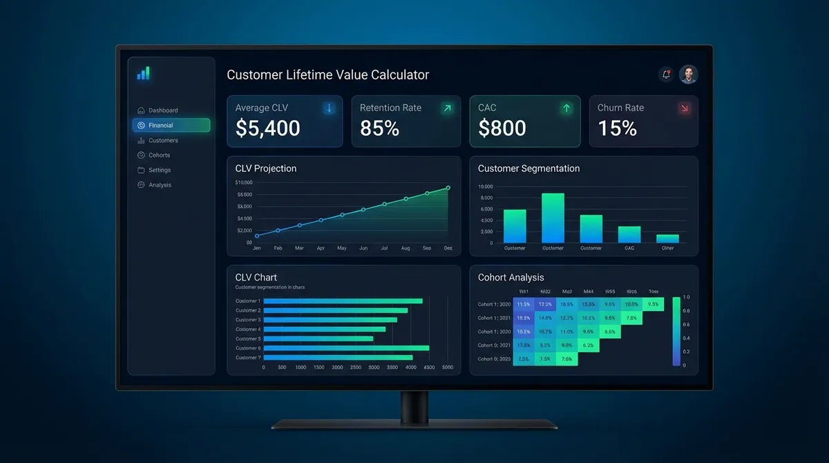 Interface of the LTV calculator showing inputs for average order value, purchase frequency, and churn rate to determine customer profitability.