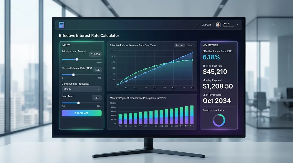 Effective interest rate calculation guide showing APY vs APR comparison with compounding frequency charts