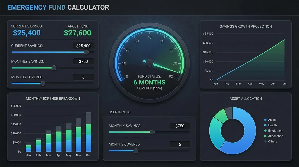 Visual guide to the emergency fund calculator showing how monthly expenses are used to determine the target emergency savings amount.