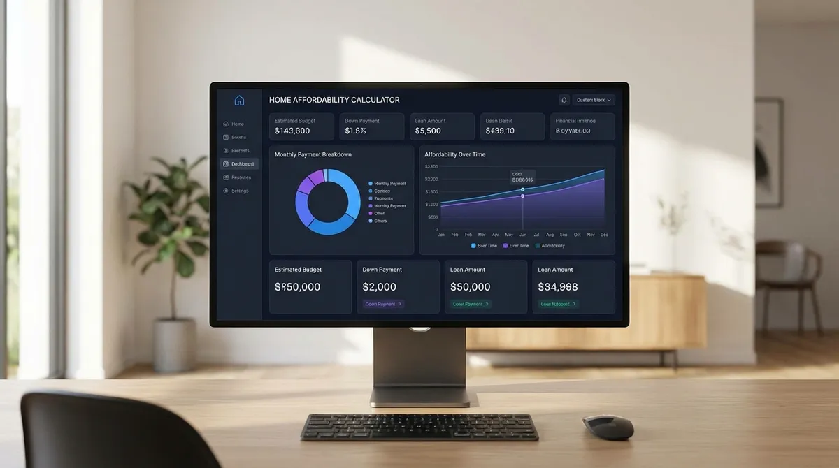 Home affordability calculator guide showing debt-to-income ratios, mortgage payments, and price ranges for different buyer profiles.