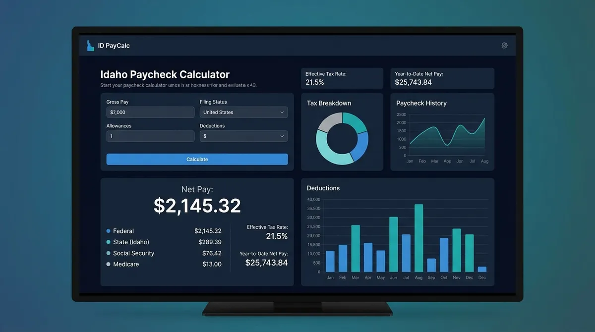 Illustration of the Idaho paycheck calculator showing gross pay, FICA, and ID state taxes to determine net pay with a clear breakdown of withholdings.