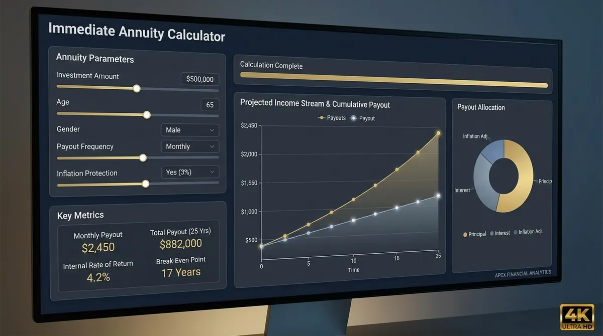 Professional immediate annuity calculator interface displaying age-based payout options, guaranteed income projections, and income timeline visualization for 2025 rates
