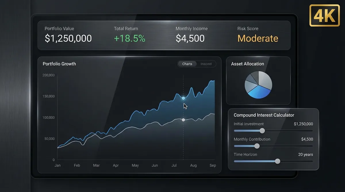 Professional investment calculator showing compound interest growth, monthly contributions, and ROI projections over time with 2025 market data.