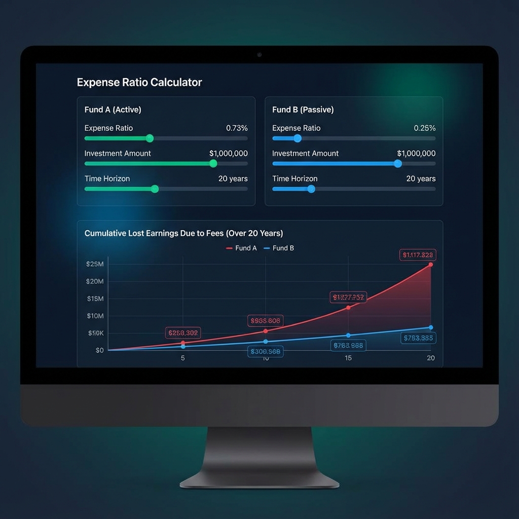 Illustration from the expense ratio calculator showing how mutual fund and ETF expense ratios erode long-term investment returns compared with a low-cost alternative.
