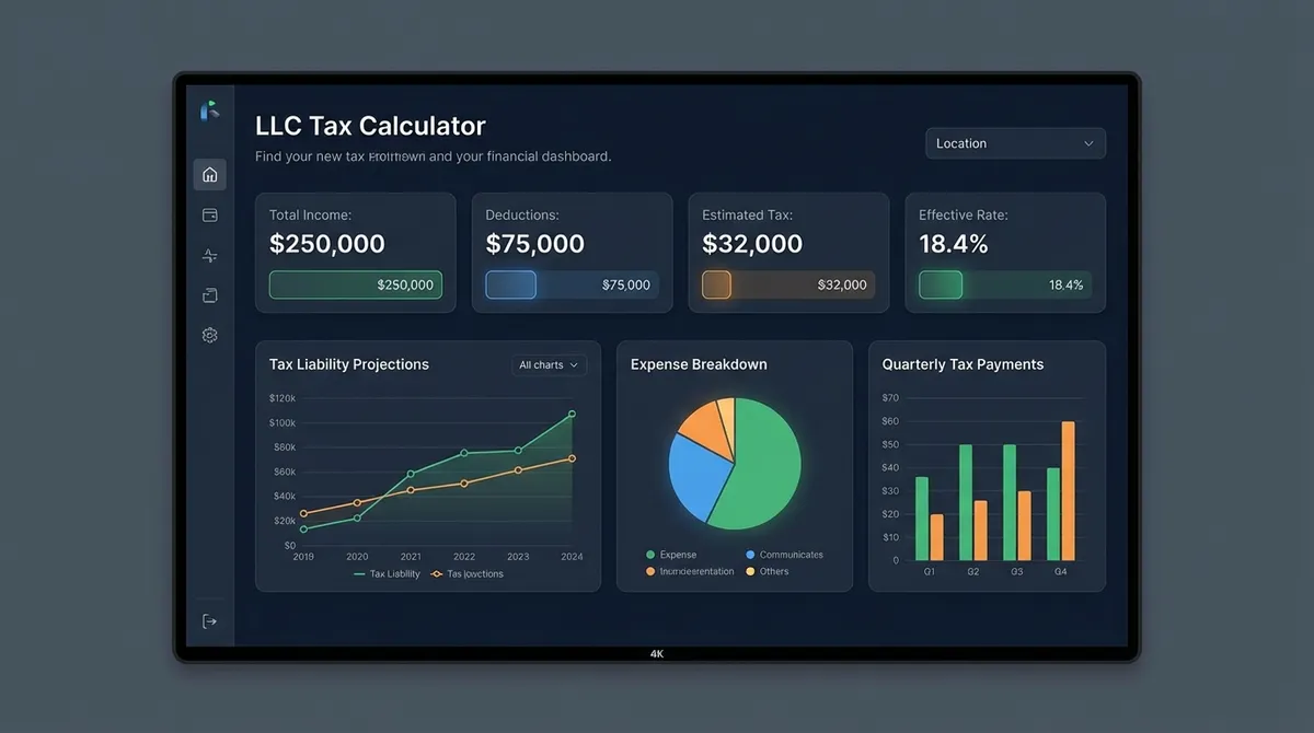 Illustration showing the LLC tax calculator analyzing net income to determine self-employment taxes and federal income tax for members, with step-by-step logic.