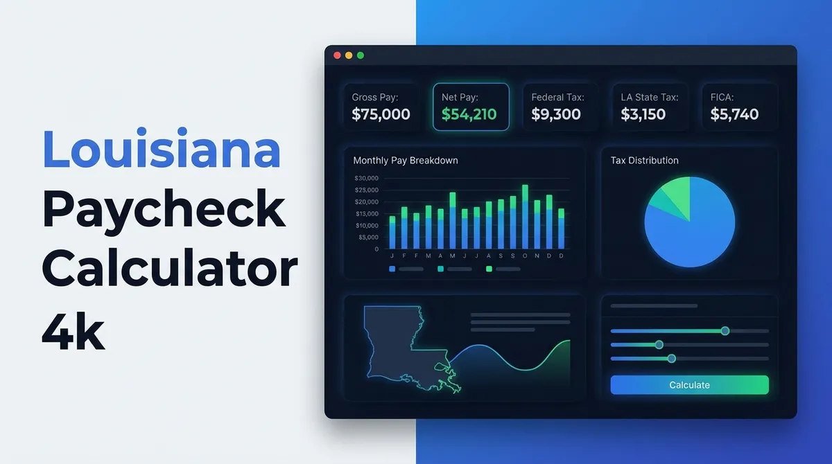 Illustration of Louisiana paycheck calculation showing gross pay, new flat tax deductions, and final net pay.