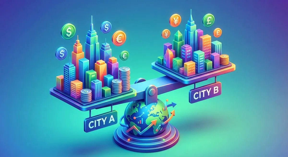 Visual guide to the cost of living calculator comparing key expenses like housing, transportation, and groceries between two different cities. Plan moves smart.