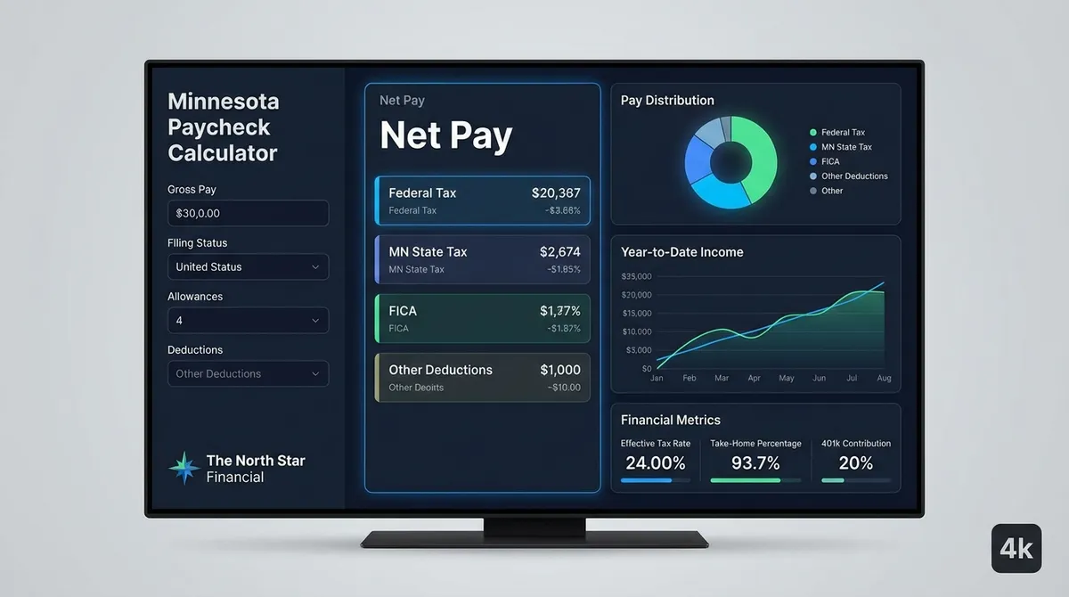Illustration of the Minnesota paycheck calculator showing gross pay and deductions for federal, FICA, and MN state taxes to determine net pay.