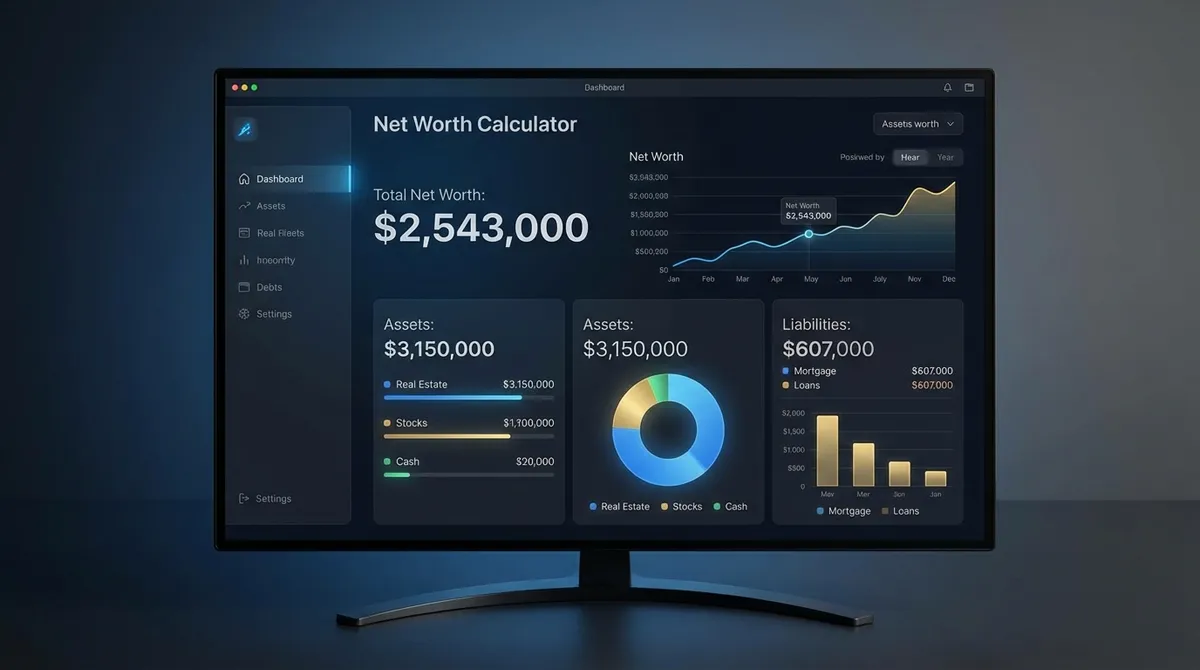 Professional net worth calculator interface showing asset categories, liability tracking, and net worth visualization charts for personal financial planning in 2025.