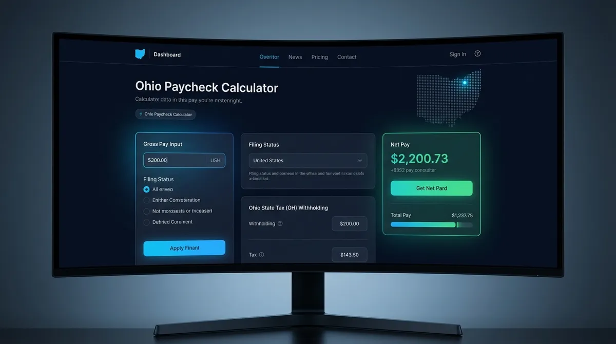Illustration of the Ohio paycheck calculator showing gross pay and deductions for federal, FICA, OH state, and local taxes to determine net pay clearly.