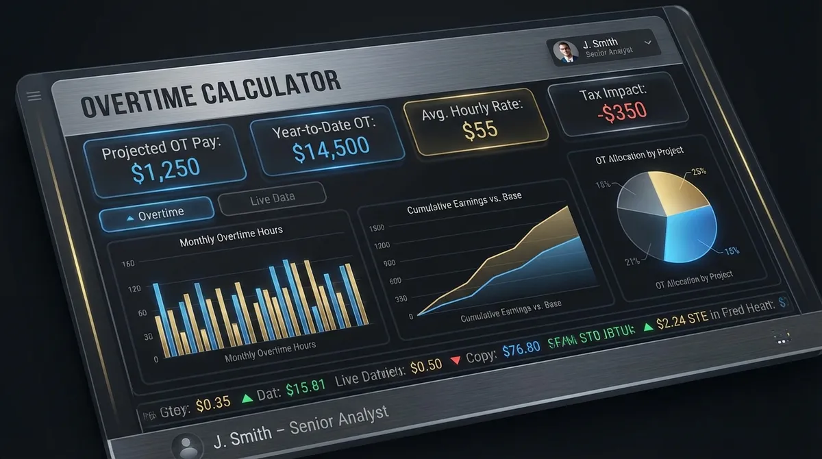 Visual guide to the overtime calculator showing how the standard hourly rate is multiplied (e.g., 1.5x) to calculate the overtime pay rate. Includes examples.