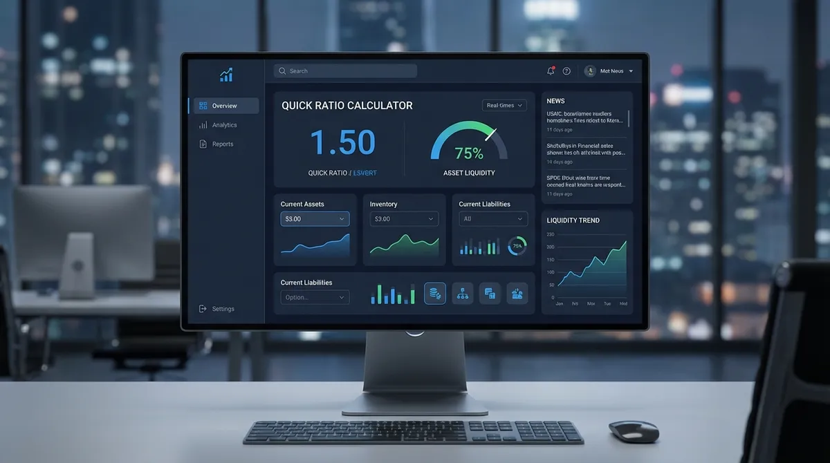 Screenshot of the quick ratio calculator, demonstrating how quick assets (cash, securities, AR) and current liabilities determine the acid test ratio.