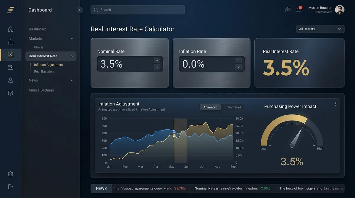 Screenshot of the real interest rate calculator, showing how the nominal interest rate is adjusted by the inflation rate to determine the real return.