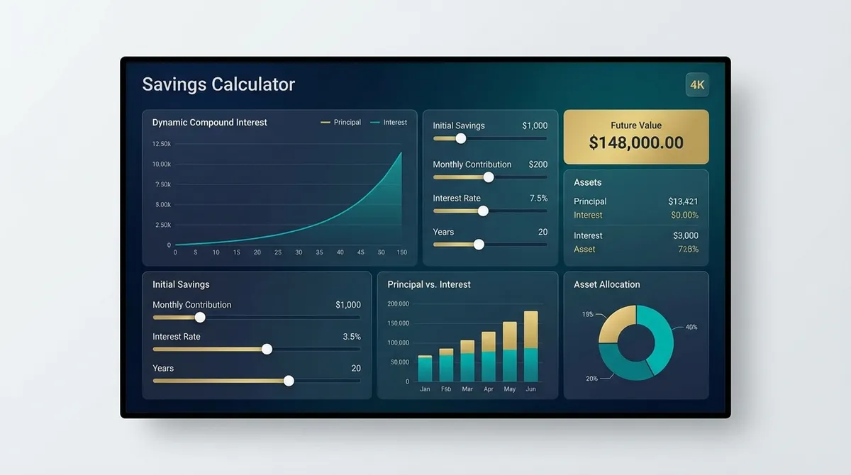 Savings calculator showing compound interest growth visualization with high-yield savings account comparison for 2025