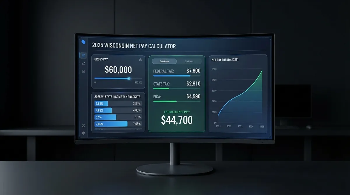 Dashboard showing Wisconsin net pay calculation with 2025 tax brackets.